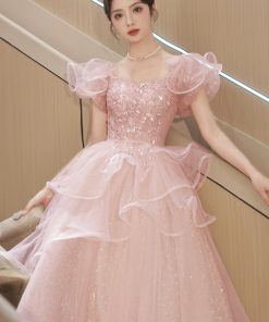 Pink Tulle Sequins Long Formal Dresses, Beautiful Short Sleeve Evening Dresses viviyshop.com