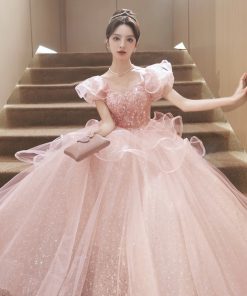 Pink Tulle Sequins Long Formal Dresses, Beautiful Short Sleeve Evening Dresses viviyshop.com
