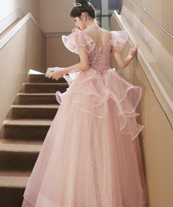 Pink Tulle Sequins Long Formal Dresses, Beautiful Short Sleeve Evening Dresses viviyshop.com
