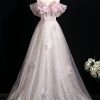 Pink Tulle Sequins Long Prom Dress, A-Line Off the Shoulder Party Dress viviyshop.com