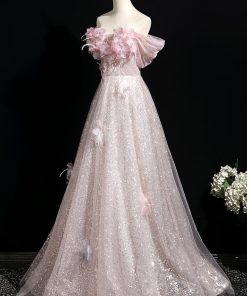 Pink Tulle Sequins Long Prom Dress, A-Line Off the Shoulder Party Dress viviyshop.com