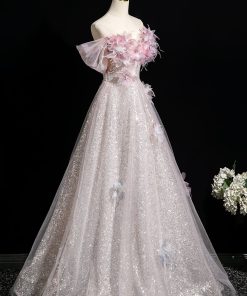 Pink Tulle Sequins Long Prom Dress, A-Line Off the Shoulder Party Dress viviyshop.com