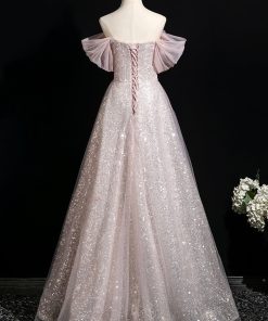 Pink Tulle Sequins Long Prom Dress, A-Line Off the Shoulder Party Dress viviyshop.com
