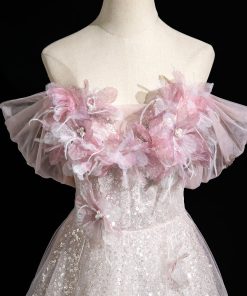 Pink Tulle Sequins Long Prom Dress, A-Line Off the Shoulder Party Dress viviyshop.com