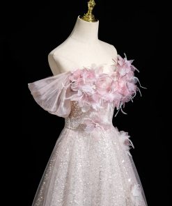 Pink Tulle Sequins Long Prom Dress, A-Line Off the Shoulder Party Dress viviyshop.com