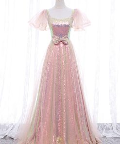 Pink Tulle Sequins Long Prom Dress, Cute Short Sleeve Evening Dress viviyshop.com
