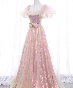 Pink Tulle Sequins Long Prom Dress, Cute Short Sleeve Evening Dress viviyshop.com