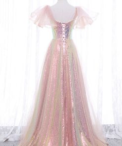Pink Tulle Sequins Long Prom Dress, Cute Short Sleeve Evening Dress viviyshop.com