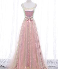 Pink Tulle Sequins Long Prom Dress, Cute Short Sleeve Evening Dress viviyshop.com