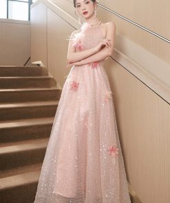Pink Tulle Sequins Long Prom Dresses, Pink Off Shoulder Evening Dresses viviyshop.com