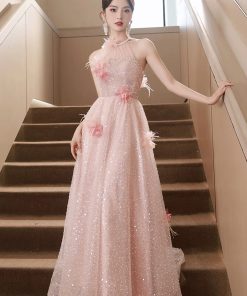 Pink Tulle Sequins Long Prom Dresses, Pink Off Shoulder Evening Dresses viviyshop.com