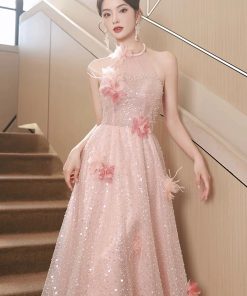 Pink Tulle Sequins Long Prom Dresses, Pink Off Shoulder Evening Dresses viviyshop.com