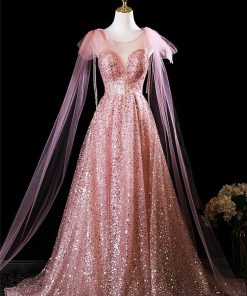 Pink Tulle Sequins Long Prom Dress, Shiny A-Line Evening Formal Dress viviyshop.com