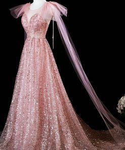 Pink Tulle Sequins Long Prom Dress, Shiny A-Line Evening Formal Dress viviyshop.com