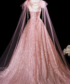 Pink Tulle Sequins Long Prom Dress, Shiny A-Line Evening Formal Dress viviyshop.com