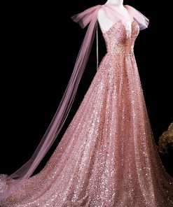 Pink Tulle Sequins Long Prom Dress, Shiny A-Line Evening Formal Dress viviyshop.com