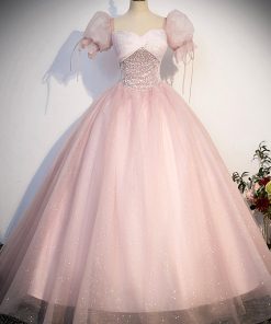 Pink Tulle Sequins Long Prom Dress, Lovely A-Line Short Sleeve Evening Party Dress viviyshop.com