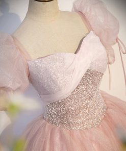 Pink Tulle Sequins Long Prom Dress, Lovely A-Line Short Sleeve Evening Party Dress viviyshop.com