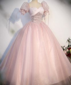 Pink Tulle Sequins Long Prom Dress, Lovely A-Line Short Sleeve Evening Party Dress viviyshop.com