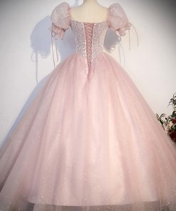 Pink Tulle Sequins Long Prom Dress, Lovely A-Line Short Sleeve Evening Party Dress viviyshop.com