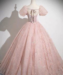 Pink Tulle Sequins Long Prom Dress, Beautiful A-Line Party Dress viviyshop.com