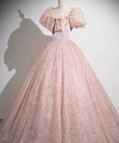 Pink Tulle Sequins Long Prom Dress, Beautiful A-Line Party Dress viviyshop.com