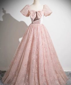 Pink Tulle Sequins Long Prom Dress, Beautiful A-Line Party Dress viviyshop.com