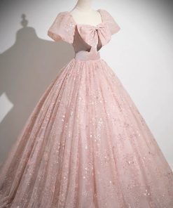 Pink Tulle Sequins Long Prom Dress, Beautiful A-Line Party Dress viviyshop.com