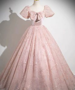 Pink Tulle Sequins Long Prom Dress, Beautiful A-Line Party Dress viviyshop.com